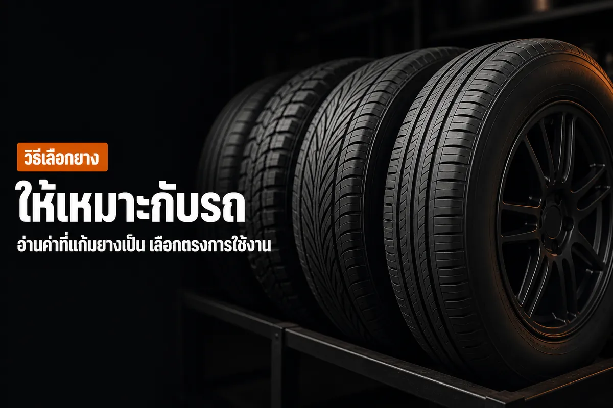 วิธีเลือกยางให้เหมาะกับรถ ภาพยางรถยนต์หลายรุ่นดอกยางต่างกันวางเรียงบนชั้นวางในร้าน