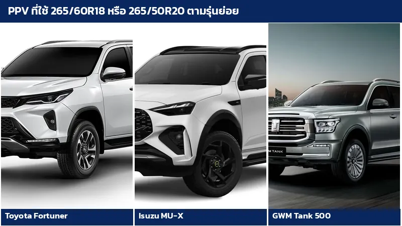 PPV Toyota Fortuner Isuzu MU-X และ GWM Tank 500 ที่ใช้ยาง 265/60R18 หรือ 265/50R20 ตามรุ่นย่อย