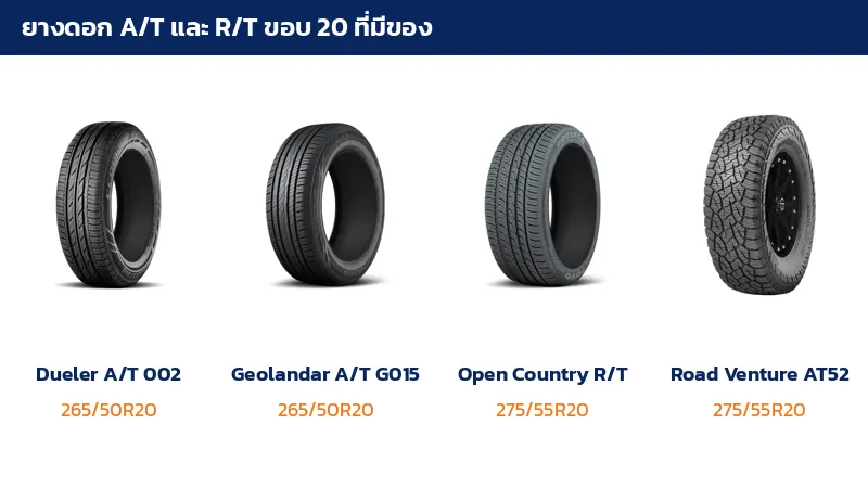 ยางดอก A/T และ R/T ขอบ 20 Bridgestone Dueler A/T 002 Yokohama Geolandar G015 Toyo Open Country R/T และ Kumho Road Venture AT52