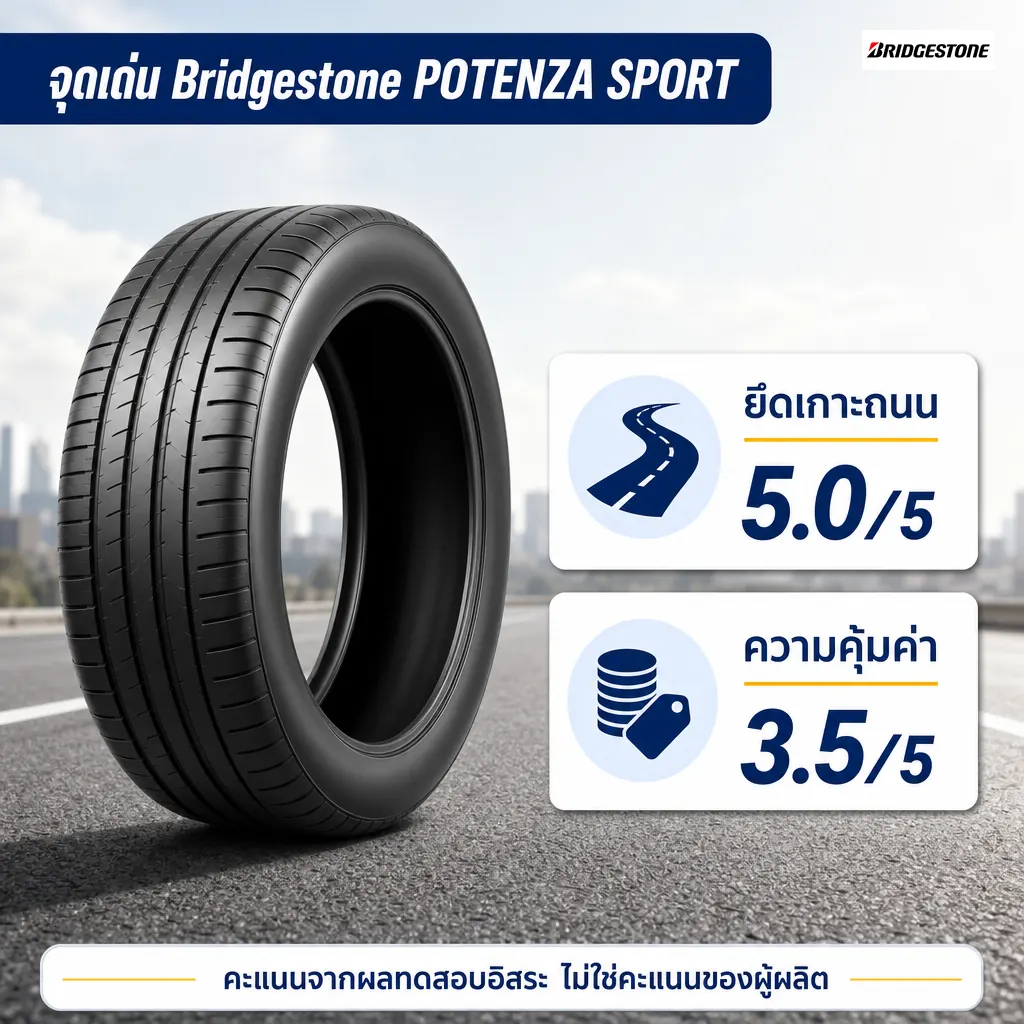 จุดเด่นยาง Bridgestone Potenza Sport ยึดเกาะถนน 5.0 และความคุ้มค่า 3.5 คะแนน จากผลทดสอบอิสระ