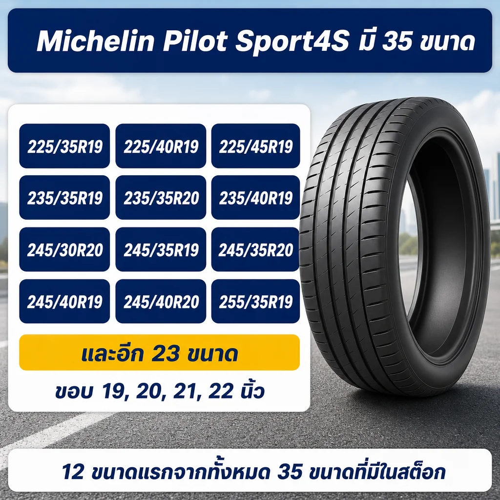 ขนาดยาง Michelin Pilot Sport 4S ที่มีในสต็อก 12 ขนาดแรกจาก 35 ขนาด ขอบ 19 ถึง 22 นิ้ว