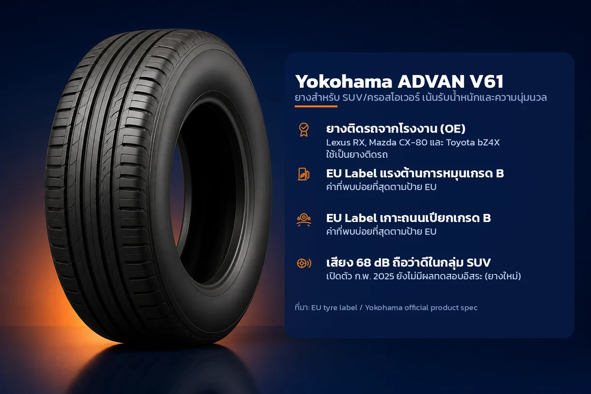 อินโฟกราฟิกคุณสมบัติยาง Yokohama ADVAN V61 ยางสำหรับ SUV/ครอสโอเวอร์ เน้นรับน้ำหนักและความนุ่มนวล ระบุ ยางติดรถจากโรงงาน (OE) EU Label แรงต้านการหมุนเกรด B EU Label เกาะถนนเปียกเกรด B เสียง 68 dB ถือว่าดีในกลุ่ม SUV